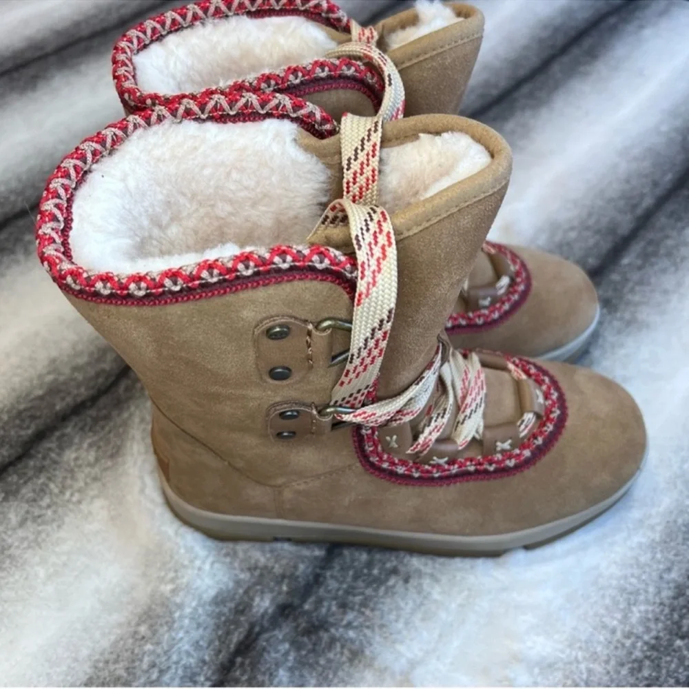 UGG Tan Suede Winter Boots with Red Trim